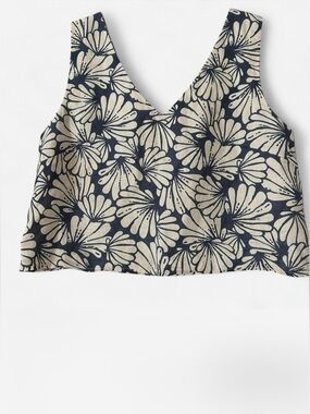 Magaschoni Navy and Cream Floral Design 100% Linen Top